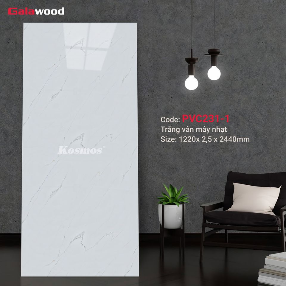 Ảnh mẫu tấm ốp PVC vân đá Galawood PVC231-1, nền trắng với vân mây xám mờ.