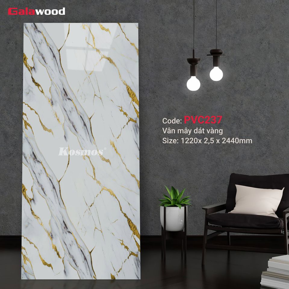 Ảnh mẫu tấm ốp PVC vân đá Galawood PVC237, nền trắng, vân đá xám đậm và chỉ vàng nổi bật.