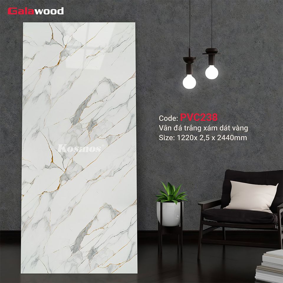 Ảnh mẫu tấm ốp PVC vân đá Galawood PVC238, nền trắng, vân đá trắng xám và chỉ vàng.