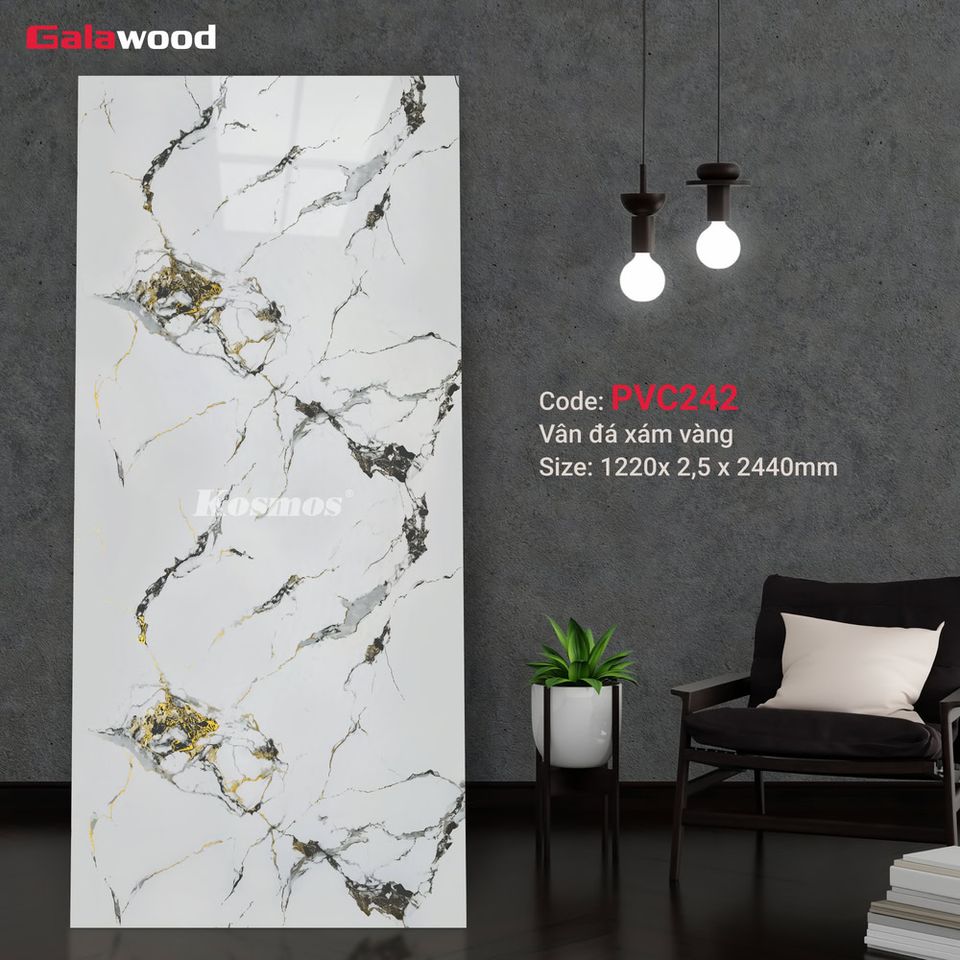 Ảnh mẫu tấm ốp PVC vân đá Galawood PVC242, nền trắng, mảng vân đá xám đen và vàng.