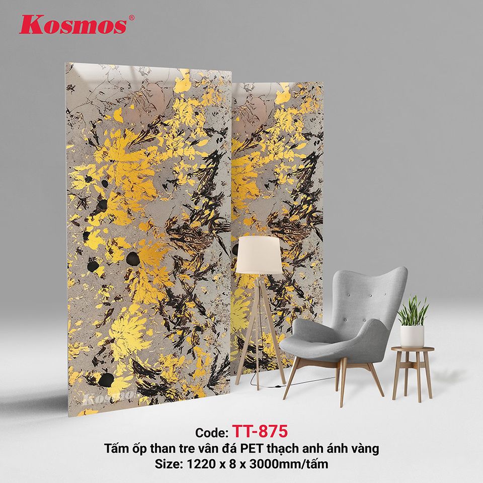 Tấm ốp TT-875 vân đá PET nền kem ánh vàng