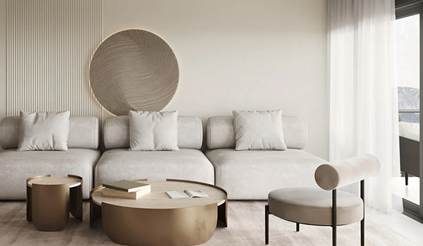 Minh họa phòng khách tông kem với sofa sáng màu và mảng tường trang trí