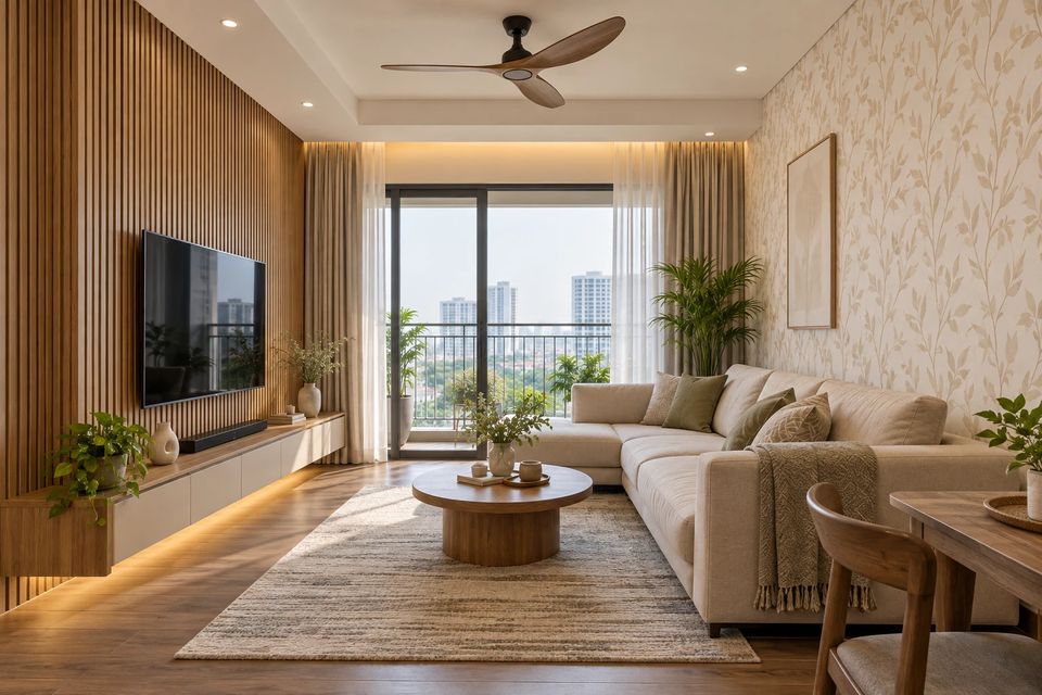 Phòng khách có tấm ốp nan gỗ và giấy dán tường hoa văn sáng màu.