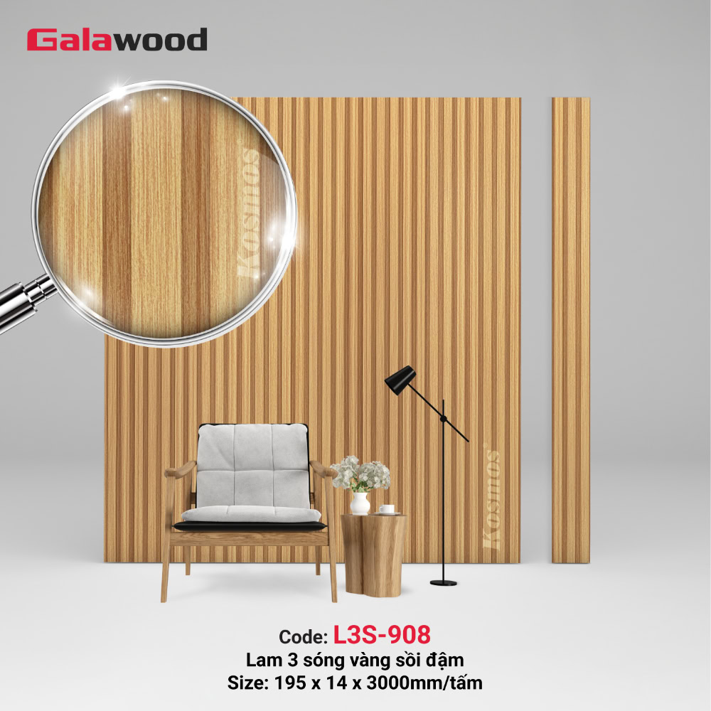 Lam sóng Galawood L3S-908 vân gỗ vàng sồi đậm, ảnh sản phẩm.