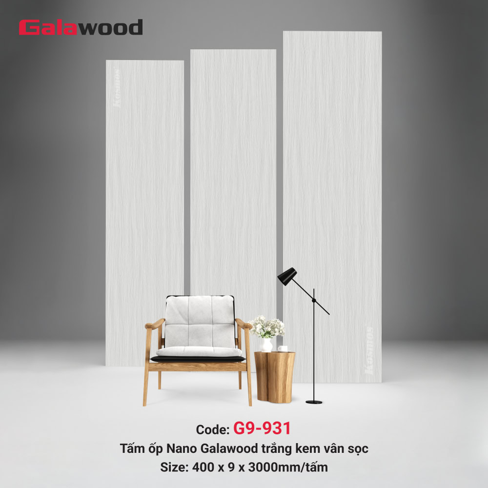 Tấm ốp Nano Galawood G9-931 Trắng kem vân sọc: ảnh tổng thể bề mặt.
