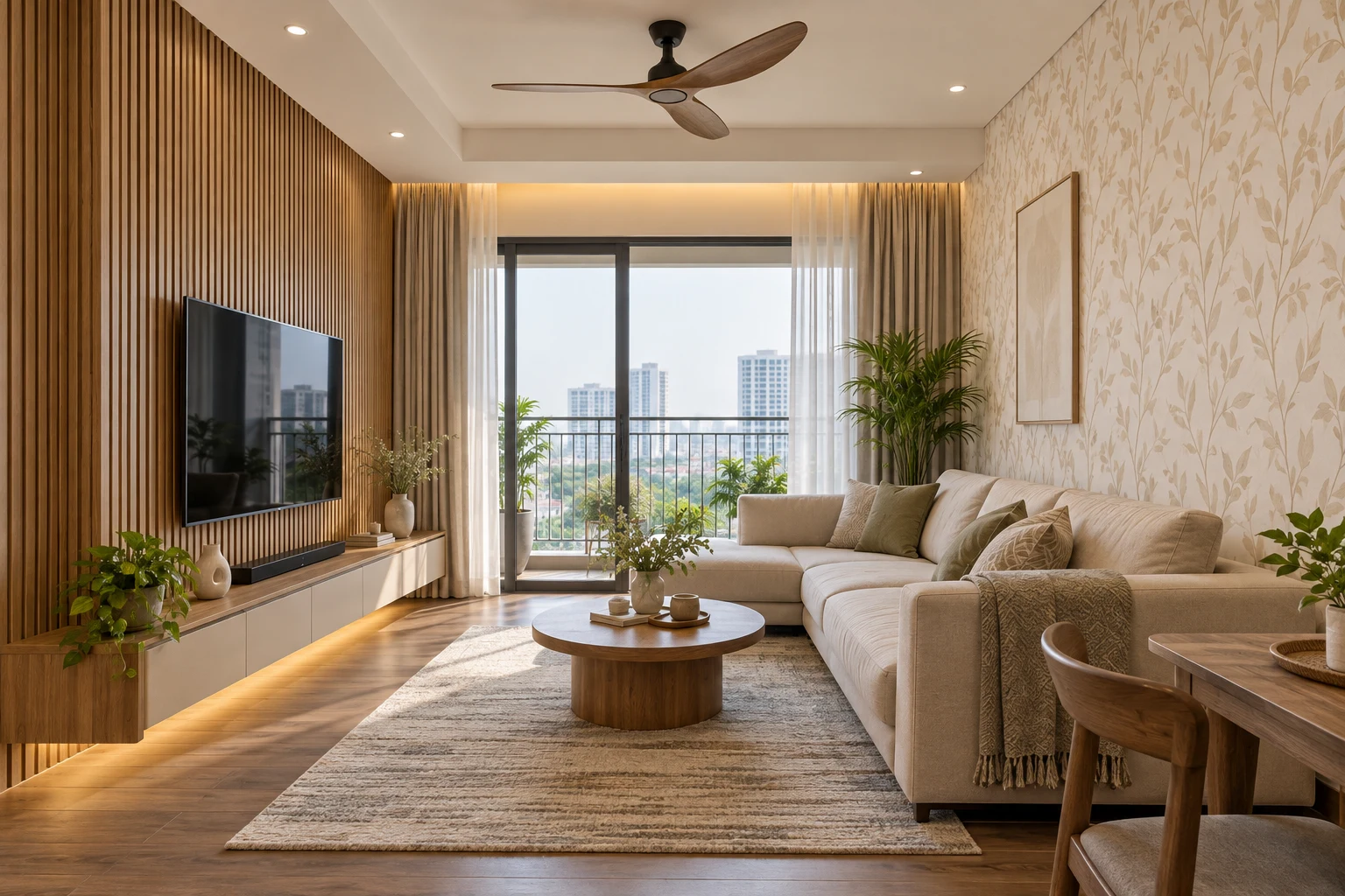 Phòng khách có tấm ốp nan gỗ và giấy dán tường hoa văn sáng màu.
